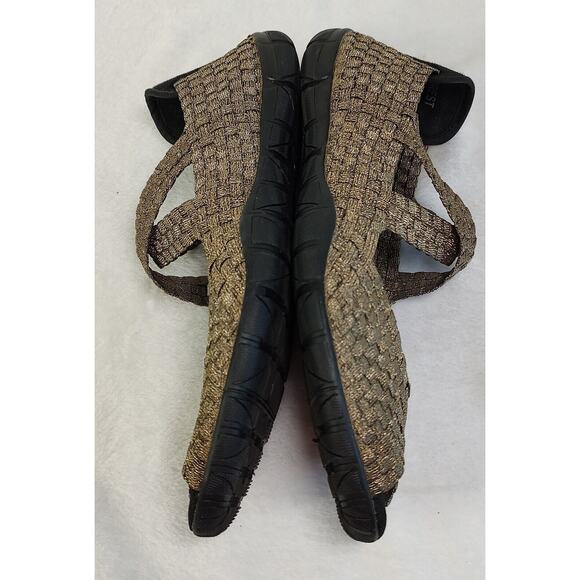 Corkys Forest 9 Gold Stretch Woven Peep Toe Cross Straps Mary Jane Sandals Flats - Picture 7 of 8